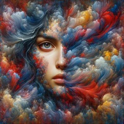 The primary subject of the image is a woman's face, which is the main focus of the painting. The setting is a cloudy sky, which serves as the backdrop for the woman's face. The visual style of the image is a painting, which is a form of digital art. The colors and mood of the painting are predominantly red, blue, and yellow, creating a vibrant and dynamic atmosphere.